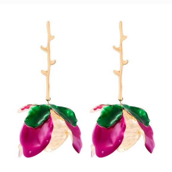 ZARA ENAMELLED FLORAL EARRINGS FUCHSIA PINK GOLDEN NWT ✨✨🎉🎉 - Picture 3 of 3